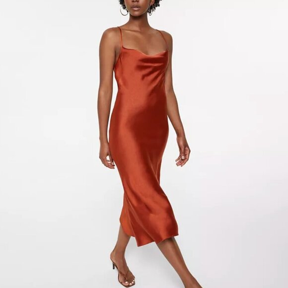 Lucy Paris Nadine Dress Midi Slip Dress Adjustable Straps in Rust, Size L - Picture 1 of 12